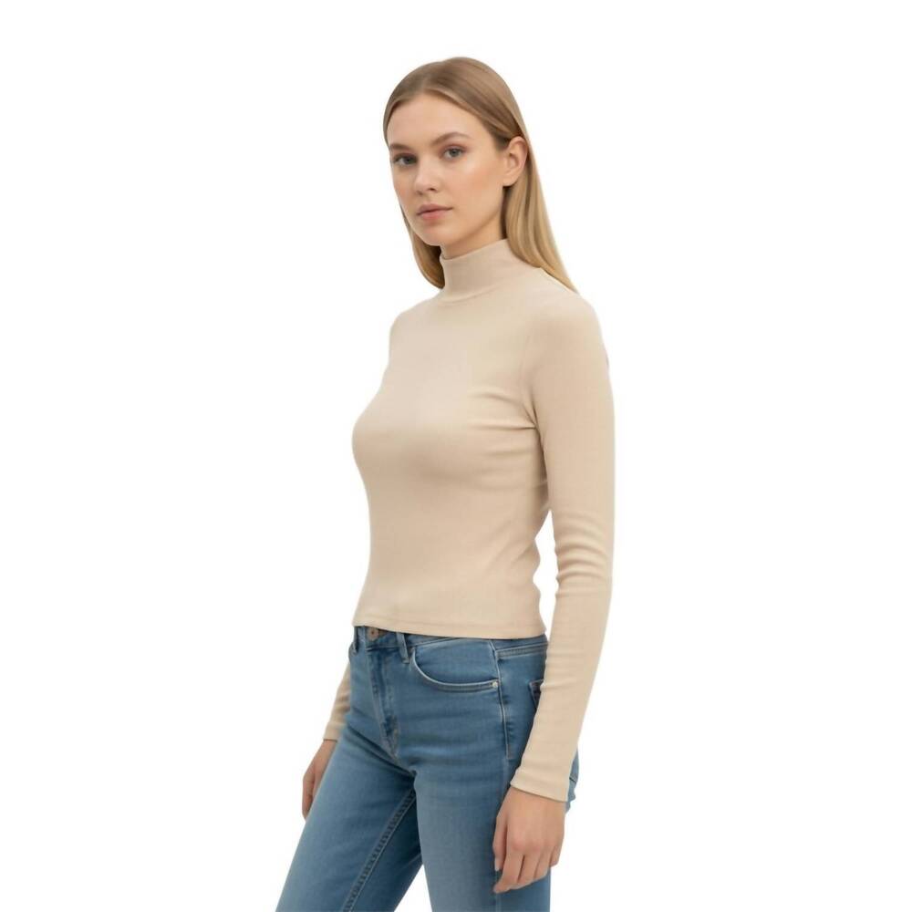 NEW AMBAR sleek stretch essential mock-neck long sleeve top in creme